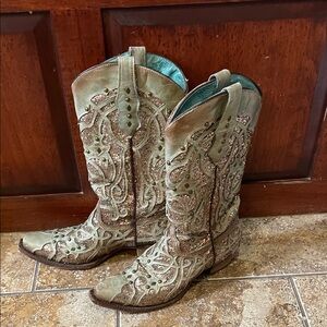 Corral Glitter Embellished Green Women's Western Boots Genuine Leather Snip Toe